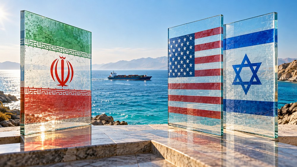 Iranian, US and Israeli flags facing the sea and a cargo ship